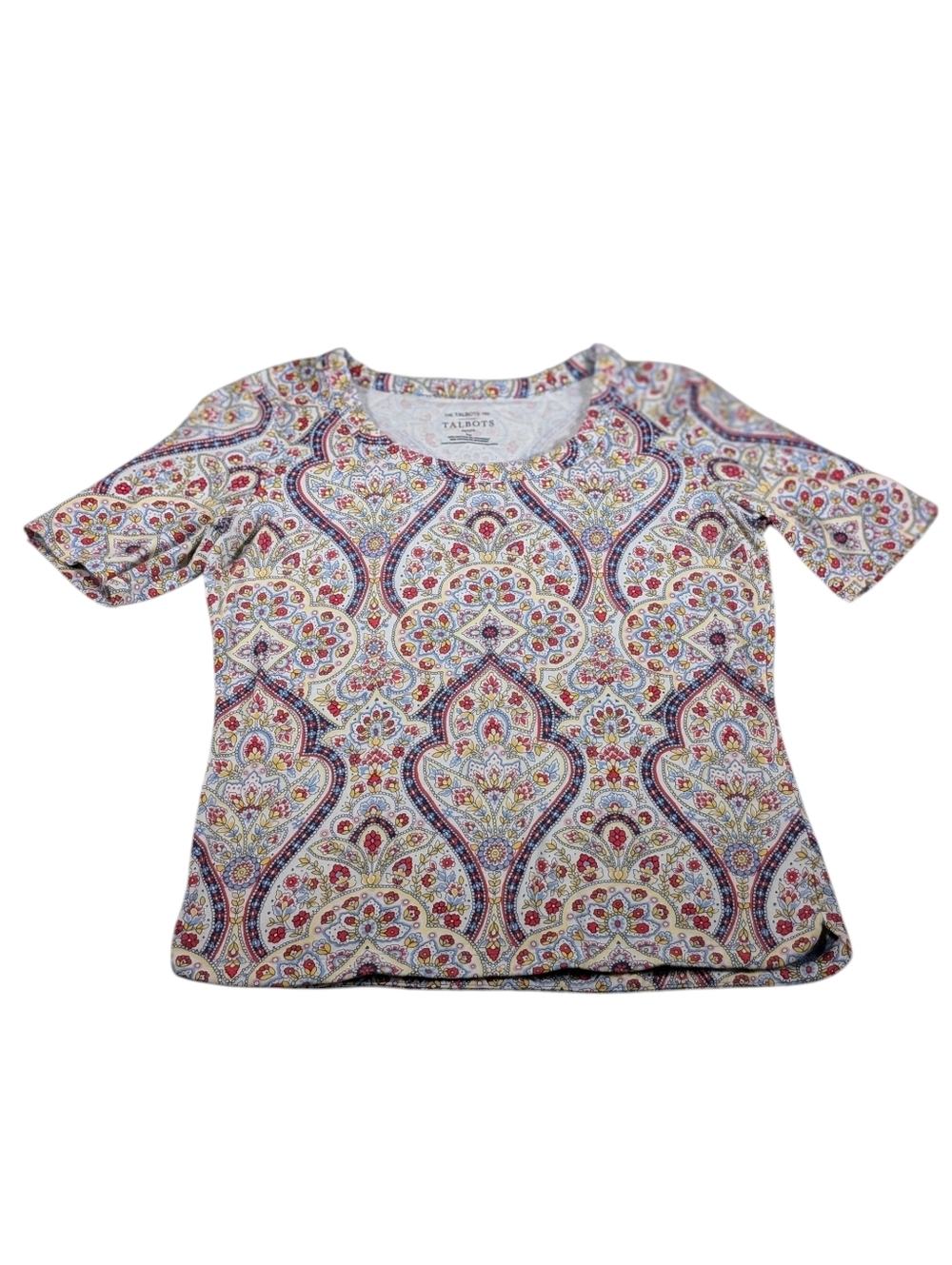 Talbots Tee Red/Blue/Yellow Medallion Paisley Floral Scoop Neck Size SP Petite